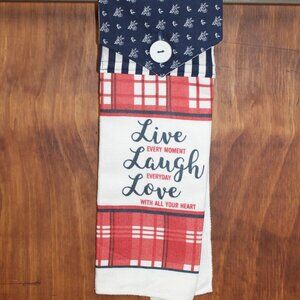 LIVE LAUGH LOVE BLUE, WHITE & RED HANDMADE HANGING KITCHEN HAND TOWEL FLORAL